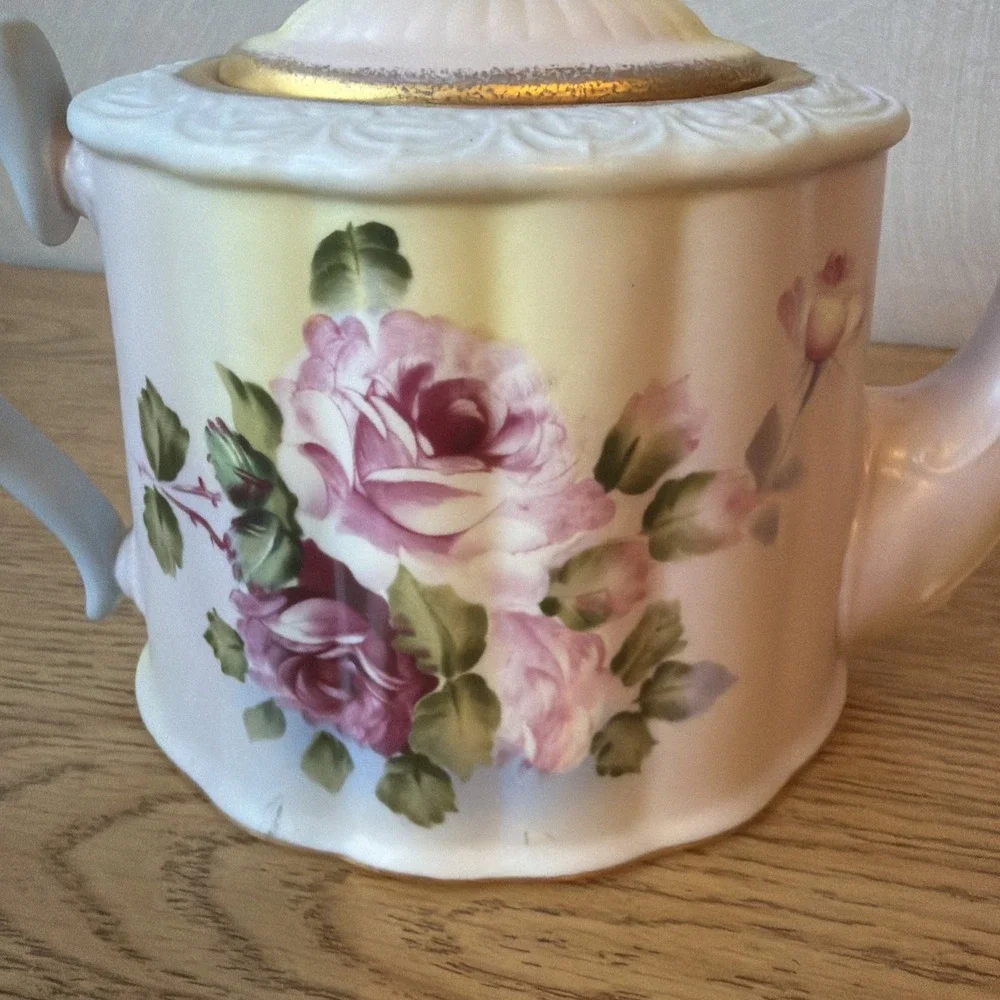 Burton & Burton Teapot with Pink Roses on Yellow. Matte Gold Accents and Finish